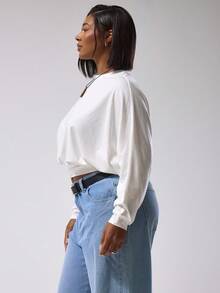 MUSERA Top en jersey à manches longues, taille cintrée, manches bouffantes, coupe courte, grande taille. Style de rue mignon pour tous les jours, fêtes, vacances et soirées - Blanc - Voir 3