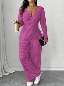 Calvaya Plus Size Soft Knit Ribbed Fabric Criss-Cross Long Sleeve T-Shirt + Soft Ribbed Wide Leg Pants Casual Homewear 2 Pieces Set - Hot Pink - View 4