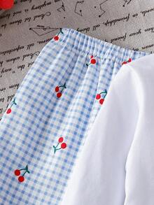 SHEIN Vintaside Kids 女婴樱桃印花T恤和格子裤套装 - 藍色 - 查看 6