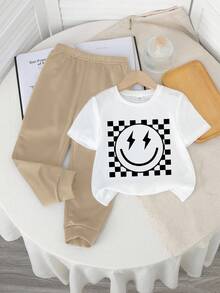 SHEIN Bộ quần áo và áo thun tay ngắn cổ tròn phong cách Y2K cho bé trai mùa thu mới về thoải mái, dễ thương, phong cách graffiti vẽ tay, hoạt hình dễ thương - Nhiều màu - Xem 4