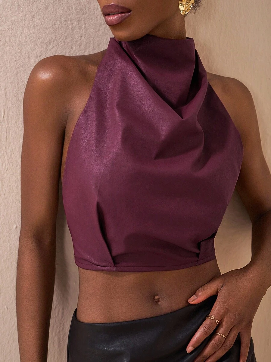 Zivah 2025秋冬新品，音乐节，毕业季，学院风，学生装，日常休闲，度假，海滩，日光浴，街头风，通勤优雅，圆领，小立领，无袖，PU皮上衣，露脐上衣，酒红色 - 酒紅色 - 查看 1