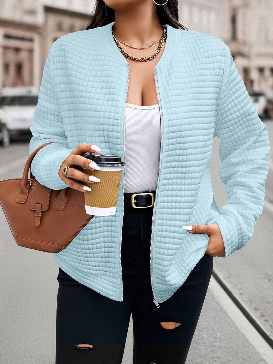EMERY ROSE Plus Size Casual Versatile Commute Solid Color Textured Jacket - Baby Blue - View 1