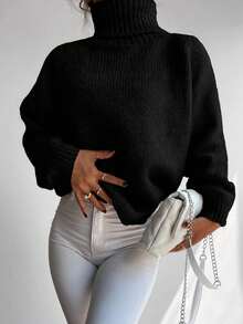 RueChic Turtleneck Raglan Sleeve Sweater - Black - View 5