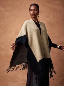 Zivah Black And Beige Autumn Elegant Club Women's Cape Style Woolen Tops,Asymmetrical Tassel Hemlines Elegant Set For Birthday Parties&Commuting,Versatile - Khaki - View 4