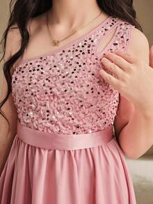 Anewsta Flower Girl High-End Sequin One Shoulder Cutout A-Line Uneven Hem Mid-Length Dress, Suitable For Weddings, Formal Events, Birthday Parties
