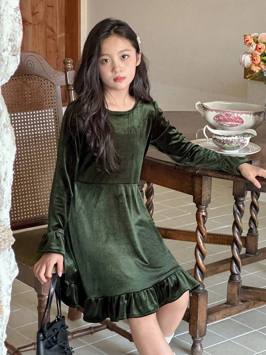 Dazy Kids Váy dài tay họa tiết hoa thanh lịch cho bé gái, mùa thu - màu xanh lá - Xem 1