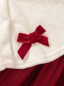 SHEIN 1 套女孩优雅秋冬装 - 酒红色长袖连衣裙 + 白色蓬松蝴蝶结斗篷，2 件 - 紅白色 - 查看 4