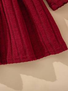 SHEIN 1 套女孩优雅秋冬装 - 酒红色长袖连衣裙 + 白色蓬松蝴蝶结斗篷，2 件 - 紅白色 - 查看 6