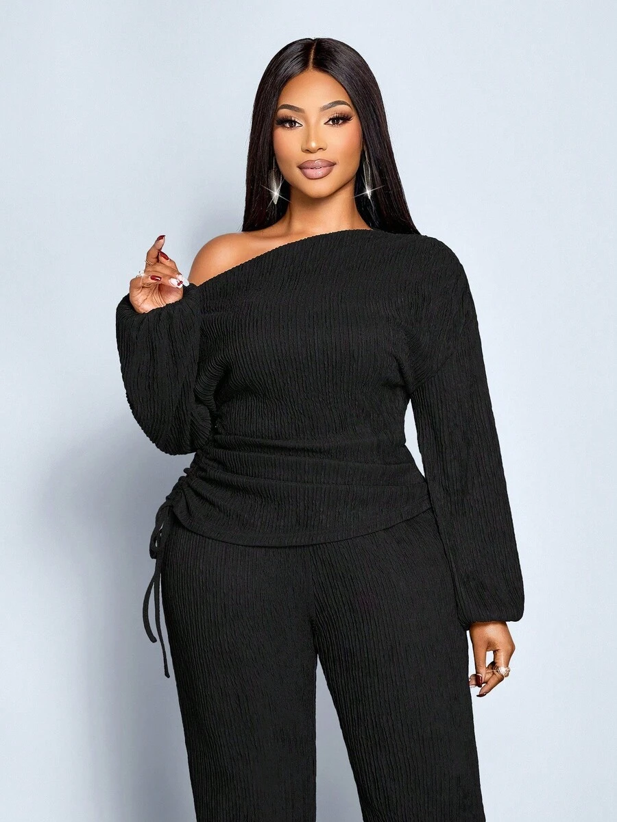 SOLERSUN Plus Size Women Summer Black Winter Smart Casual Dinner Two Pieces Set,Asymmetrical Shoulder Long Sleeve Drawstring Top & Slim  Micro Flared Pants Set - Black - View 1