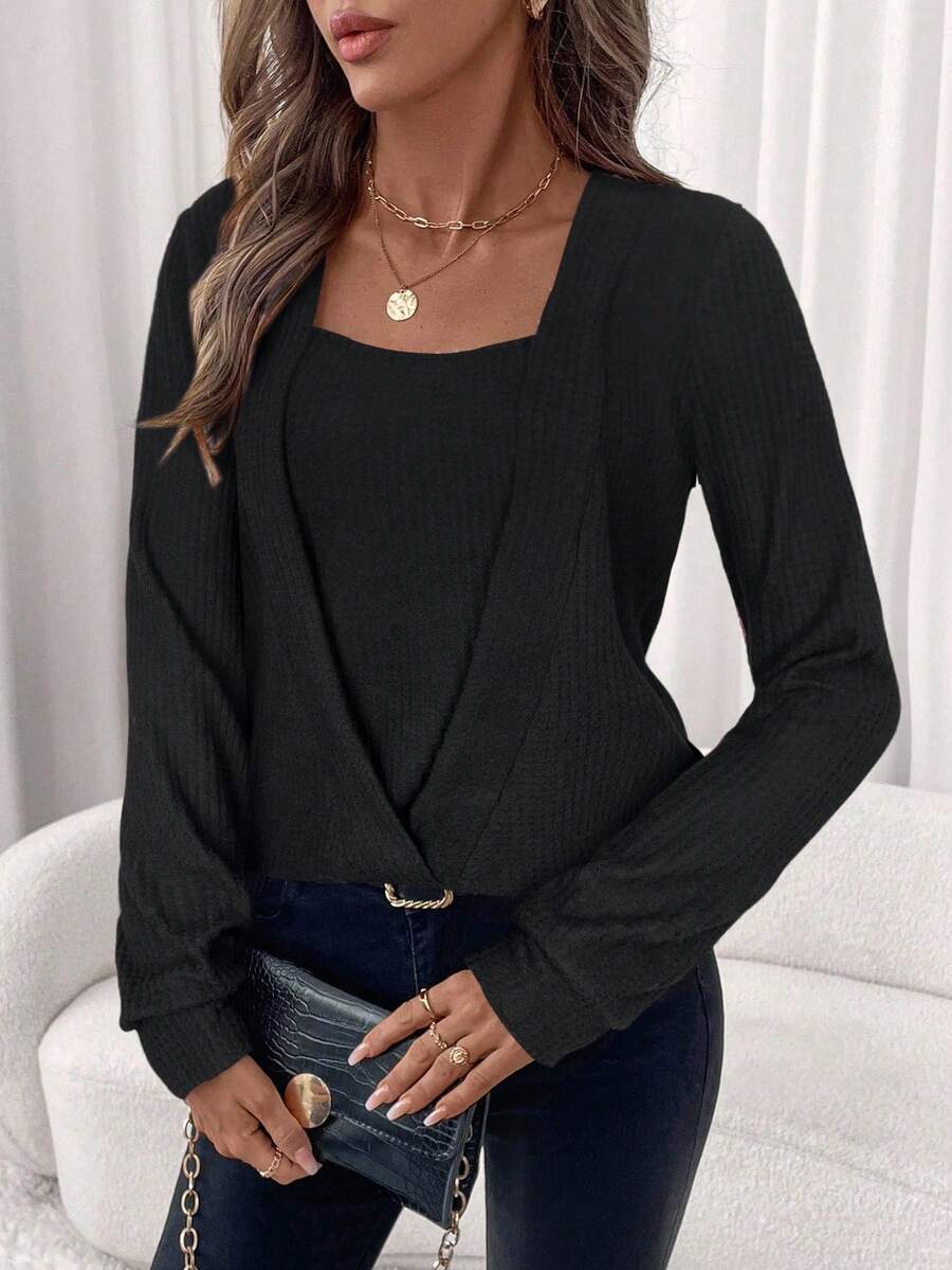 SHEIN Clasi Women's Elegant Pink Waffle Knit Crew Neck Sweatshirt Black Top - Black - View 1