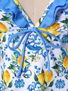 Bellisia 女式夏季海滩水果印花拼布荷叶边系带分体泳衣套装 - 彩色 - 查看 3