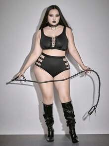 ROMWE Goth 加大码哥特式束身衣系带紧身胸衣短款上衣和丁字裤内衣套装 - 黑色 - 查看 7