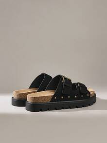 Solecia 新款编织双带拉菲草厚底搭扣黑色厚底凉鞋，休闲假日度假风，圣诞节必备 - 黑色 - 查看 4