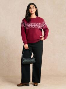 SHEIN LUNE Casual Retro Minimalist Burgundy Christmas Snowflake Fair Isle Pattern Plus Size Pullover Sweater - Burgundy - View 3