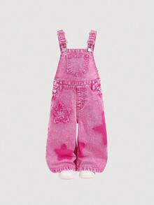 SHEIN 女婴粉色牛仔磨边星星宽松工装裤 - 玫紅色 - 查看 7