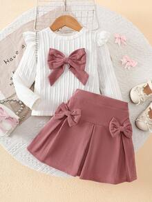 Elladie kids 4-7 anni Ragazze Casual Dolce Bianco Maglia Jacquard Fiocco Decorazione Volant Orlo Manica Lunga Girocollo Top e Rosa Velluto a Coste Vita Elastica Plissettata Gonna, Adatto per Uso Quotidiano, Uscite Casual - Multicolore - Visualizzare 3