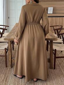 Breezaya 大码女式纯色长袖腰扭纹单排扣休闲衬衫裙 - 棕色 - 查看 2