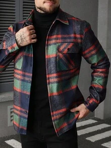 Manfinity Homme Men's Plaid Single-Breasted Casual Pockets Overcoat, Fall Winter - Multicolor - View 6