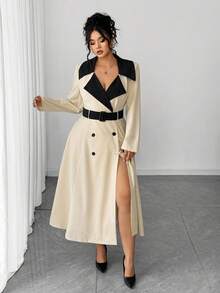 Cravure Plus Size Color Block Double Breasted Belted Elegant Long Sleeve Dress - Apricot - View 5