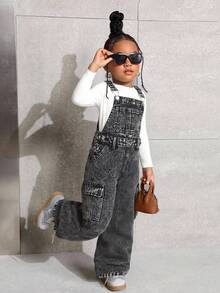 SHEIN Young Girl' Black Denim Bib Pants,Casual And Fashionable Vacation Outfits,Winter Clothes,Fall Clothes,Street Wear ,Denim Overall - Black - View 3