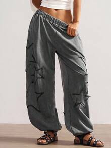 Bohemela 波西米亚风女士休闲纯色星形印花针织宽松低腰水洗灰长裤，复古西部乡村风格，适合音乐会、度假、返校季，秋冬季穿着 - 灰色 - 查看 8