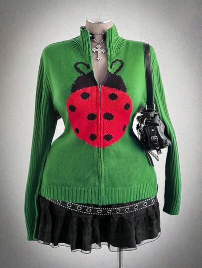 Sunspun Halloween New Casual Seven-Star Ladybug Women Zip-Up Long Sleeve Cardigan Sweater