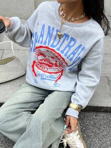 Chiquease Sudadera casual asimétrica de mujer con estampado de patchwork, otoño/invierno - Gris Claro - Ver 5