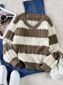 SHEIN Tween Girls Striped Color Block Cable Knit V-Neck Lantern Sleeve Oversized Pullover Sweater, Suitable For Autumn/Winter Outings Fall - Khaki - View 3