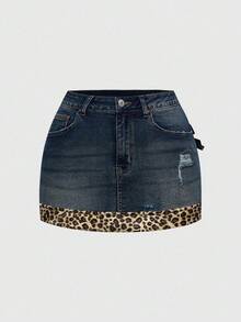 ROMWE Kawaii Y2K Subculture Retro Sexy Leopard Print Patchwork Bow Denim Mini Skirt, Deep Blue - Blue - View 2