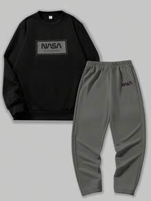 SHEIN 2 件青少年男孩休闲日常百搭舒适字母印花图案圆领宽松套头衫和宽松慢跑裤套装 - 淺灰色 - 查看 4