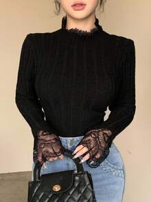 DAZY Women's Lace Trim Mock Neck Fitted Sweater, Stylish Layering Top For Autumn/Winter