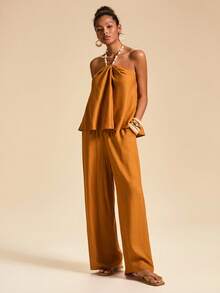 Travachic 女士度假休闲露背吊带上衣和裤子两件套 - 卡其色 - 查看 4