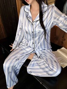 DAZY 条纹蝴蝶结印花缎面撞色饰边女士睡衣套装，秋季服装 - 藍色 - 查看 3