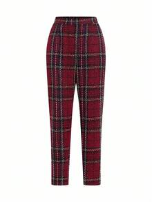 Ellevyn Women's Peter Pan Collar Cinched Waist Long Sleeve Metal Button Red Plaid Christmas Wool Tapered Pants, Elegant For Everyday Wear - Multicolor - View 11