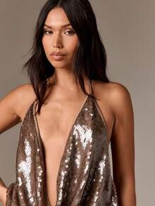 AiiRZ Top halter con cuello de cowl con lentejuelas, cuello drapeado y detalle de lazo en la espalda para ocasiones de fiesta de noche