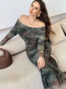 Modelyn Plus Size Women's Mesh Printed Off Shoulder Long Sleeve Elegant Dress - Dark Green - View 3