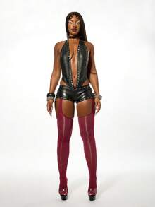 SUMWON WOMEN 朋克摇滚露背铆钉连体衣，深V领设计，适合俱乐部派对、节日装扮，哥特另类时尚吸睛单品 - 黑色 - 查看 5