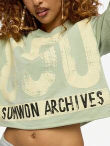 SUMWON WOMEN Simwon Archives 复古水洗短款 T 恤圆领短袖棉混纺休闲街头风格设计文字印花宽松夏季时尚 - 綠色 - 查看 5