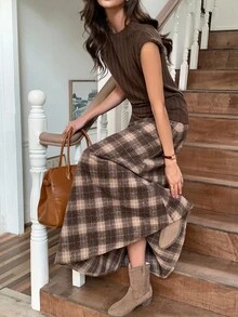 Falda casual de línea A con cintura acampanada a cuadros para mujer - Café integral - Ver 5