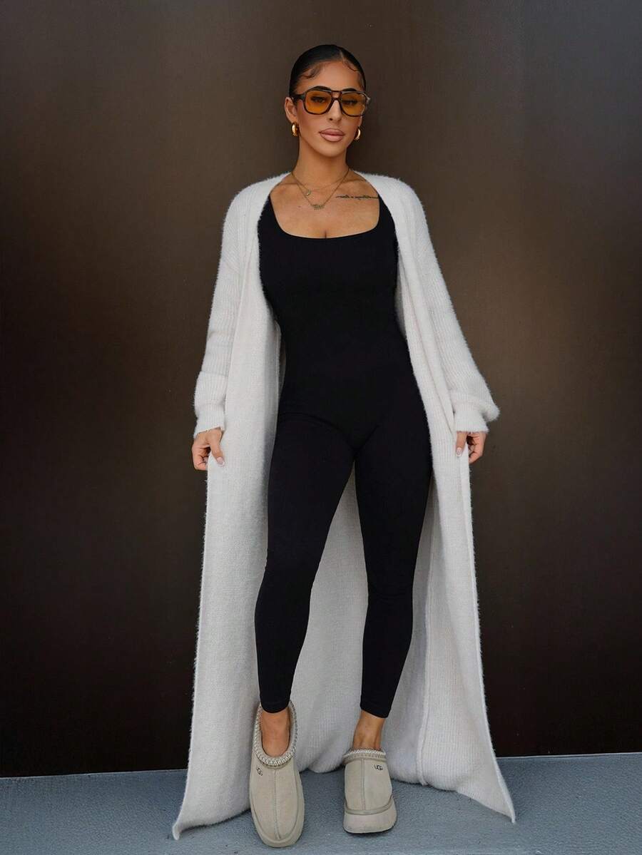 SAYEHFBABY Apricot Plush Extra Long Cardigan,Women's Solid Color Casual Knit Cardigan,Fall Women Outfits,Winter Women Clothes,Women Sweaters ,Soft And Comfortable Fabric Warm, Simple Fashion, Old Money Style, Suitable For Daily Street, Commuting, Home Wear,Ladies Winter Casual Drop Shoulder Loose Khaki Plain Women Cardigans,Casual Daily Wear Long Cardigans Ladiesduster Cardiganlong Sweater Cardigan - Khaki - View 1