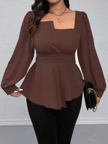 SHEIN LUNE Kemeja Lengan Panjang Kasual Ukuran Besar dengan Kerah Persegi, Warna Polos, dan Hem Bergelombang, Atasan Peplum untuk Natal - Coklat - View 6