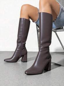 Fashion Boots para Mujer, Bota Alta con Tacón Grueso y Punta Fina, Estilo Elegante y Moderno, Disponibles en Diferentes Colores, Cierre Lateral, Comodidad y Estilo para Otoño/Invierno, Perfectas para Looks Casual o Formal - Marrón Chocolate - Ver 2