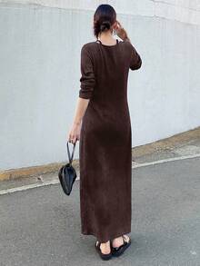 FRIFUL Robe longue à manches longues de couleur unie décontractée, automne - Tabac - Voir 2