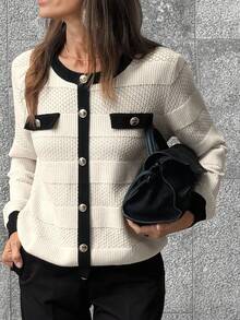Vivie Lora Women's Autumn/Winter Fashion Color Block Cardigan School - Beige - View 1