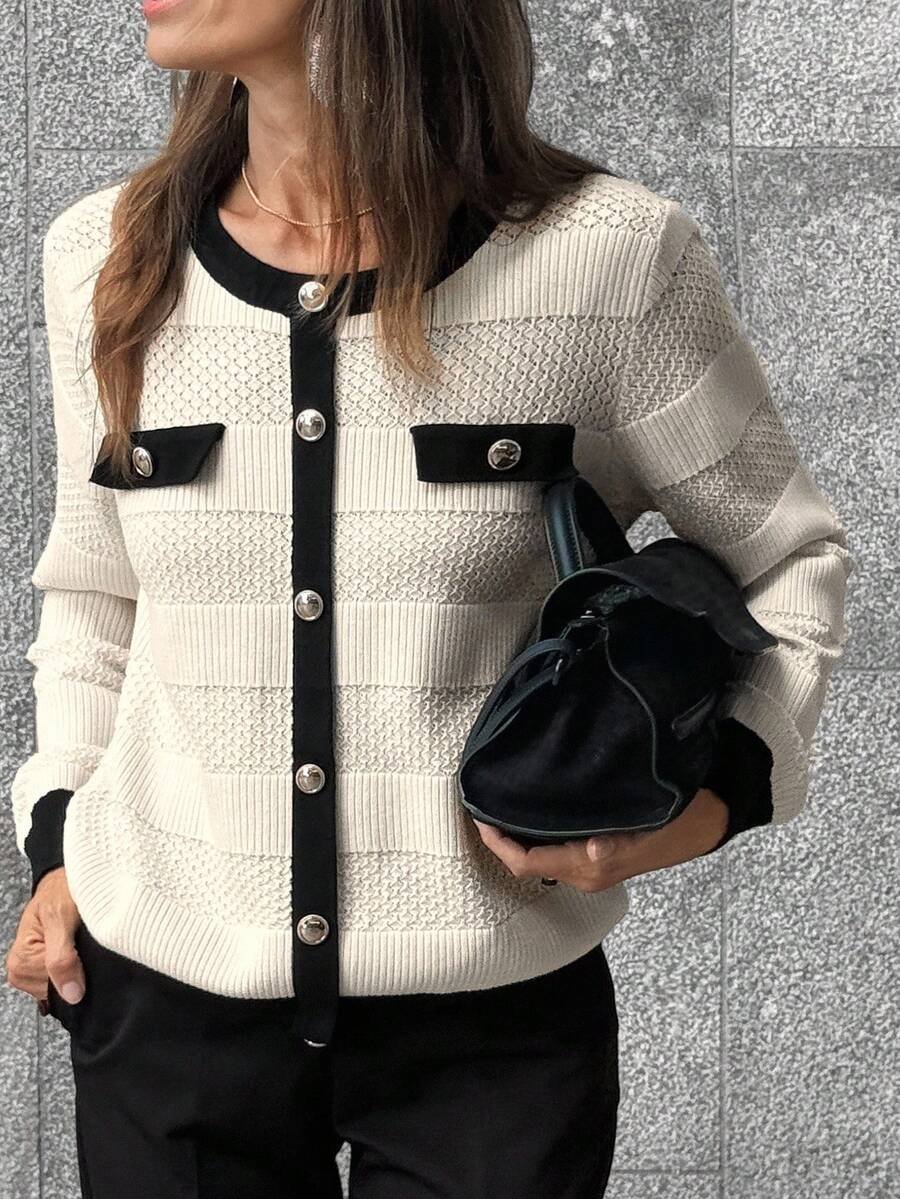 Vivie Lora Women's Autumn/Winter Fashion Color Block Cardigan School - Beige - View 1