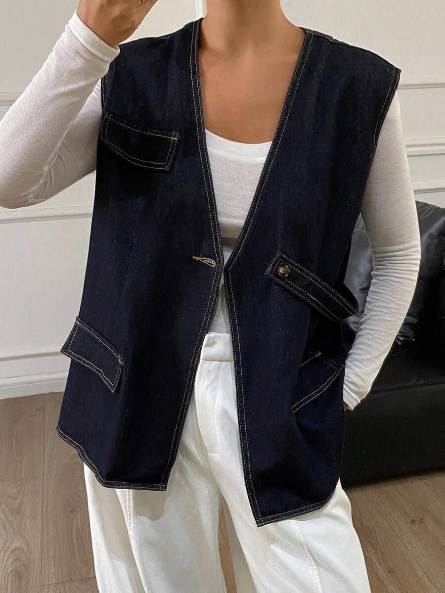 DAZY 女式V领无袖宽松都市休闲牛仔背心 - 深色水洗藍 - 查看 1
