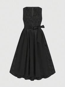 Fairmaia 大码女式花卉印花方领无袖优雅连衣裙，传统德式风格 - 黑色 - 查看 1