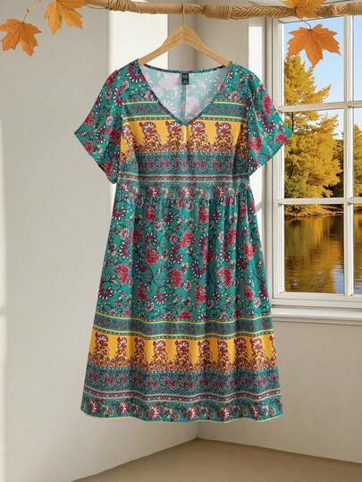EMERY ROSE Plus Size Boho Strandkläder För Kvinnor V-ringad Vintage Tryckt Volangärm Sommarklänning