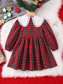 SHEIN Robe décontractée pour jeune fille avec col claudine en tartan tressé et broderie - Rouge - Voir 7