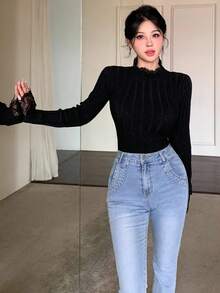 DAZY Women's Lace Trim Mock Neck Fitted Sweater, Stylish Layering Top For Autumn/Winter